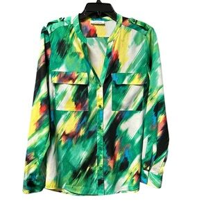 Calvin Klein Women’s Multicolor Abstract Long Sleeves Button Up Top Size Large